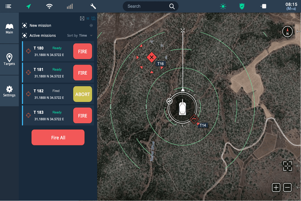 UX-stage mission screen - active missions listed on the left, each target showing its own state and its own action button, over a satellite map with the launcher orientation rose at its centre