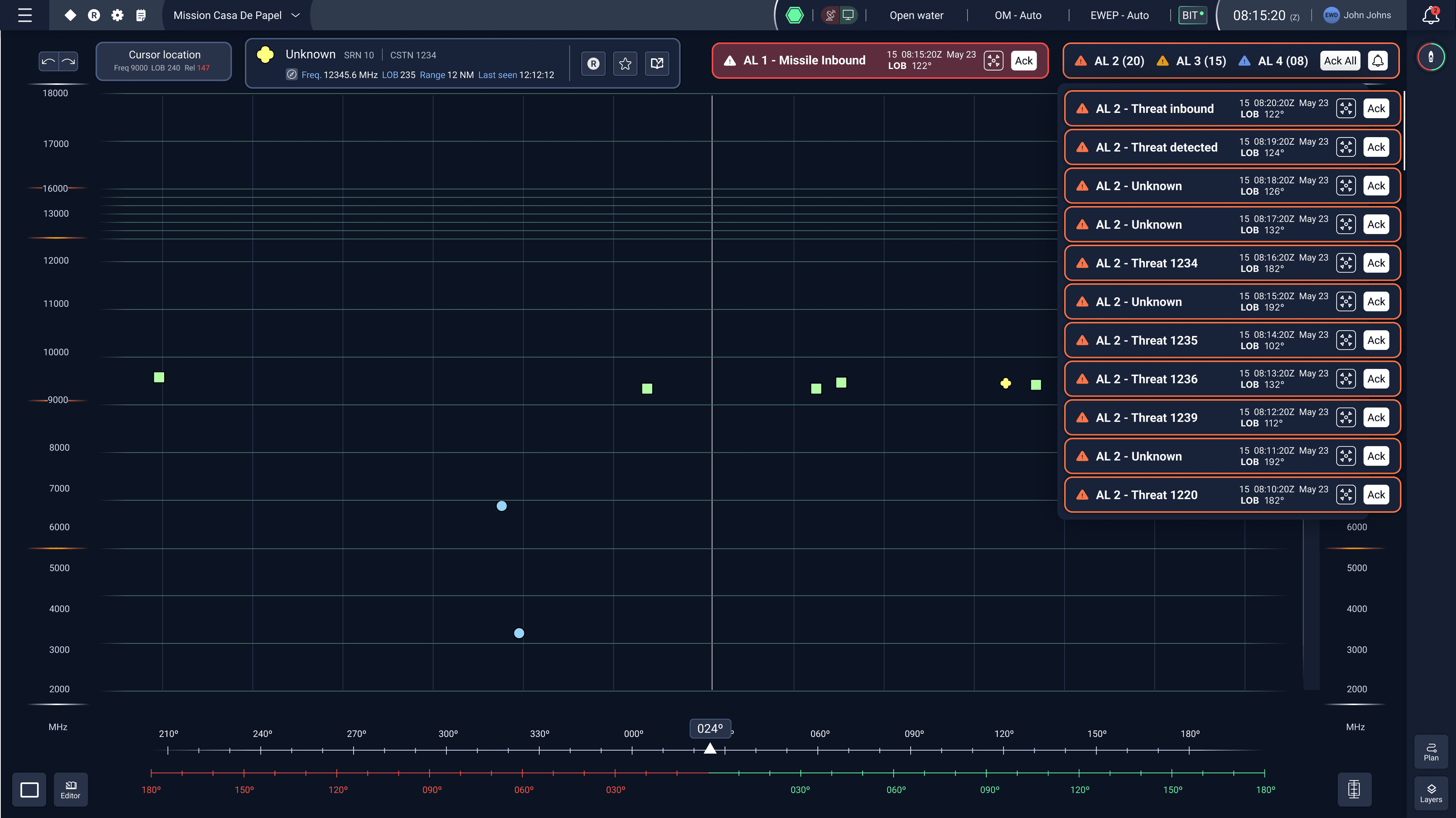 Aggregated alert panel expanded over the signal spectrum display - grouped AL 2 alerts, each with timestamp and bearing, stacked in a scrollable list