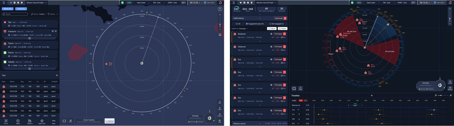 Three of the five MEWP sub-systems side by side - a tactical map with its contact list, the ASMD engagement planner, and the polar threat picture with its timeline
